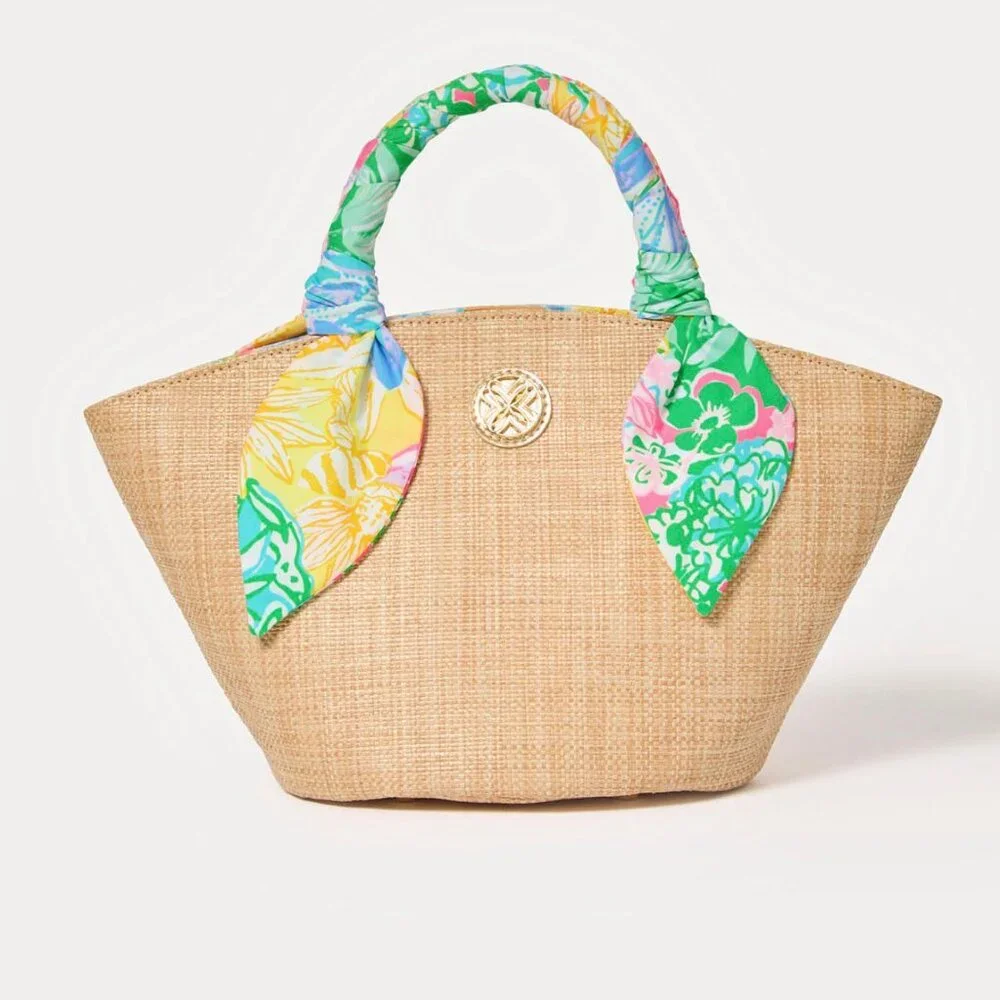 Lilly Pulitzer Maya Straw Tote Bag NWT $168 Raffia Scarf Handle - Picture 2 of 5